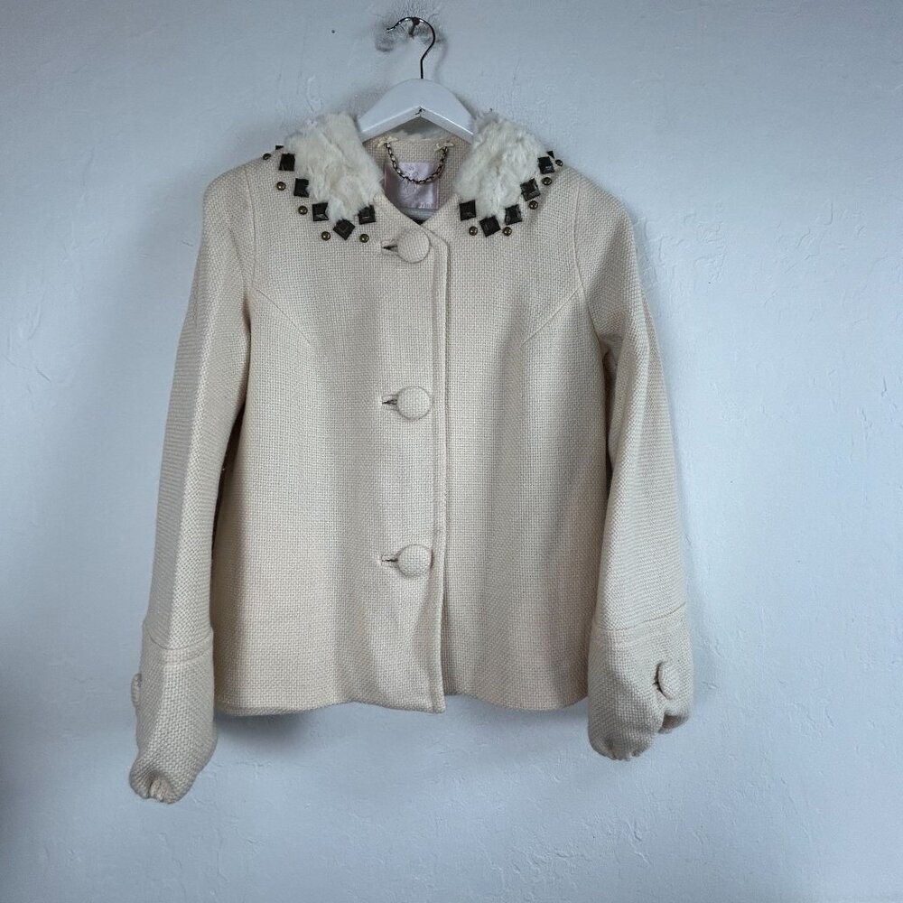 Rebecca Taylor Womens Cream Wool Fur Collar Embellished Tweed Coat Jacket Size 6